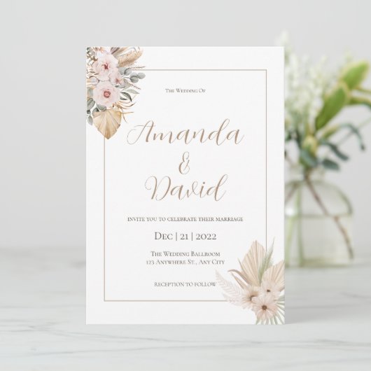 Boho Neutral Floral Huwelijksuitnodiging Kaart (Staand voorkant)