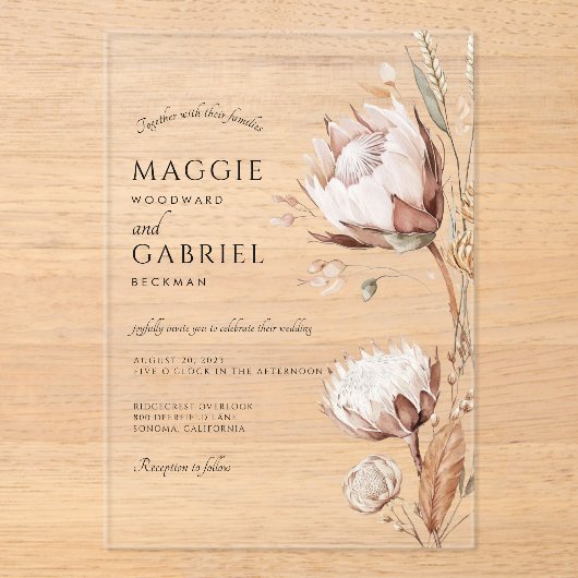 Boho Neutral Floral Wedding Acryl Uitnodigingen (Voorkant)
