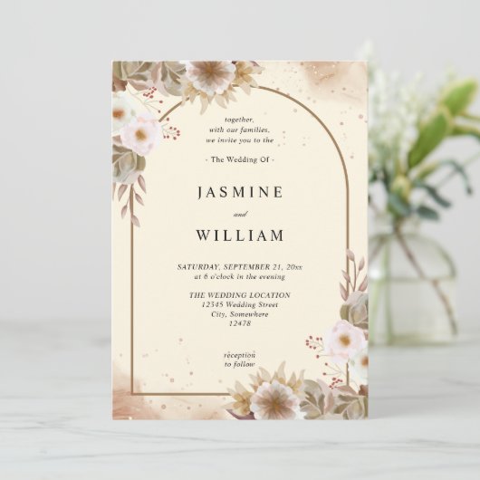 Boho Neutral Floral Wedding Kaart (Staand voorkant)