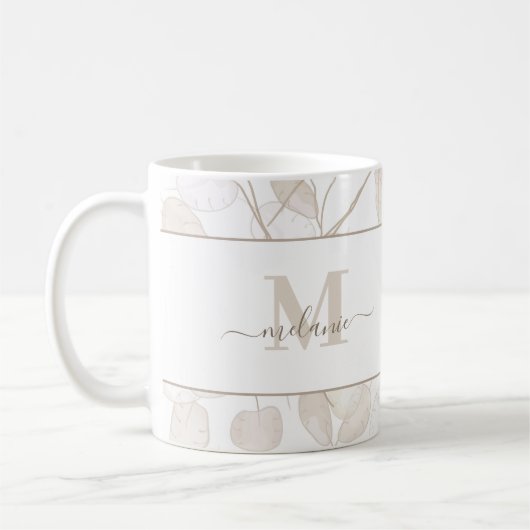 Boho Neutral Lunaria Custom Monogram en Naam Mok (Links)