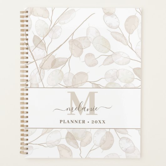 Boho Neutral Lunaria Custom Name Initiaal Planner (Voorkant)