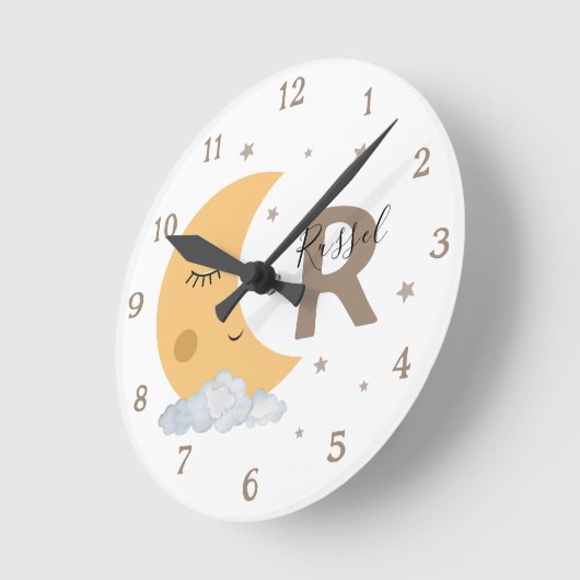 Boho Neutral Moon Nursery Clock with Name Brown Ronde Klok (Hoek)