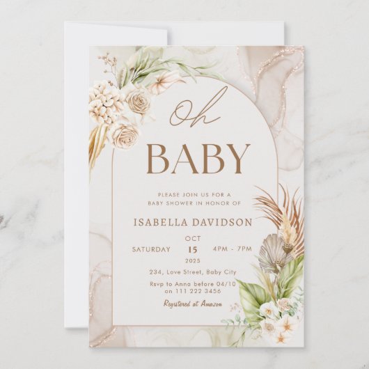Boho Neutral Oh Baby shower Pampas Floral Kaart (Voorkant)