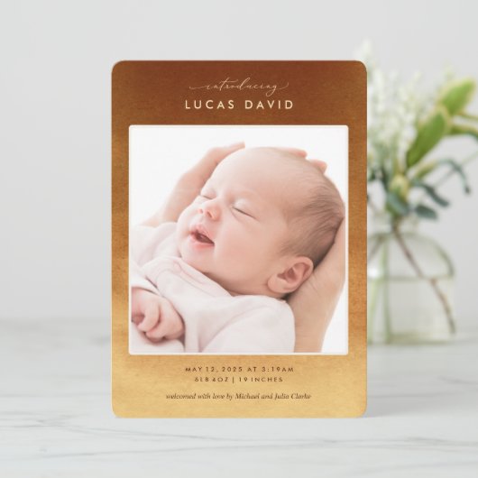 Boho Neutral Ombre Foto Geboortedatum Aankondiging (Staand voorkant)