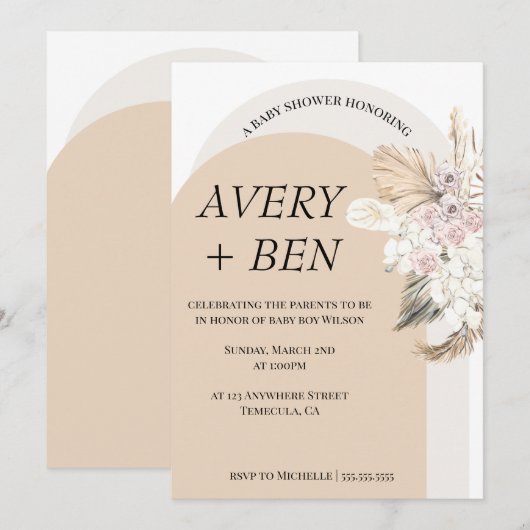 Boho Neutral Pampas Grass Baby shower Uitnodiging (Voorkant / Achterkant)
