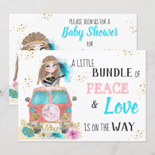 * Boho Neutral Peace & Love Hippie Baby shower I Kaart