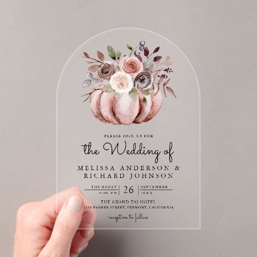 Boho Neutral Pumpkin Floral Wedding Acryl Uitnodigingen (Insitu (Draagbaar))