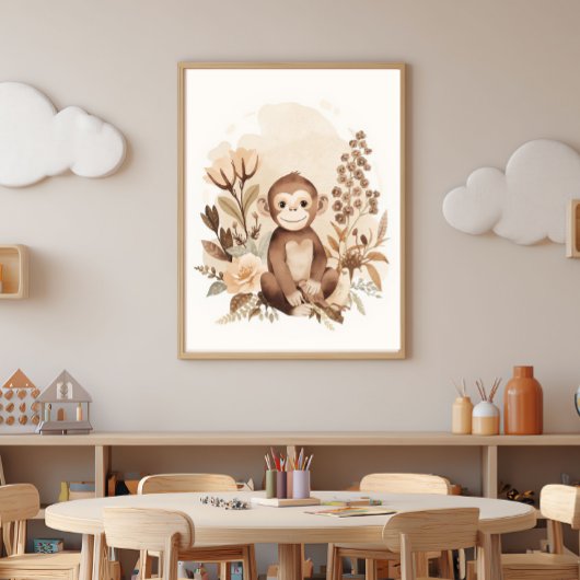 Boho Neutral  Safari Monkey Kids Nursery Art  Poster