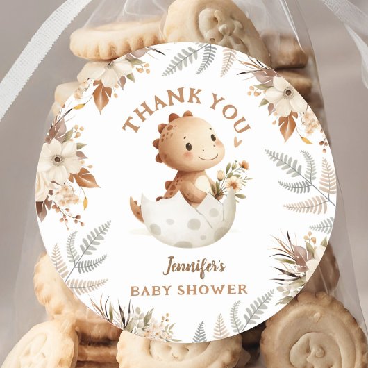 Boho Neutral Schattigee Dinosaurus Baby shower Ronde Sticker