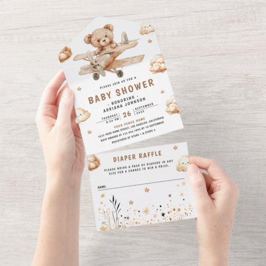Boho Neutral Teddy Bear Baby shower All In One Uitnodiging (Afscheurbaar)