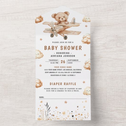Boho Neutral Teddy Bear Baby shower All In One Uitnodiging (Binnen)