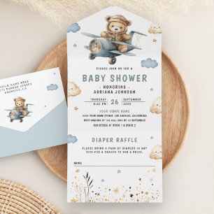 Boho Neutral Teddy Bear Blue Airplane Baby shower All In One Uitnodiging