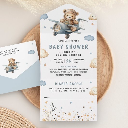 Boho Neutral Teddy Bear Blue Airplane Baby shower All In One Uitnodiging