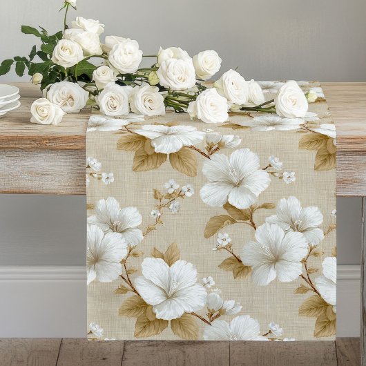 Boho Neutral White Flowers Table Runner Lange Tafelloper