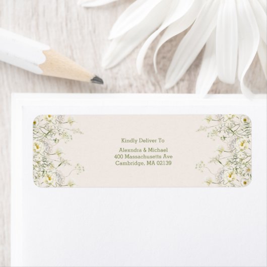 Boho Neutral White Waterverf Wildflower Wedding Etiket (Insitu)