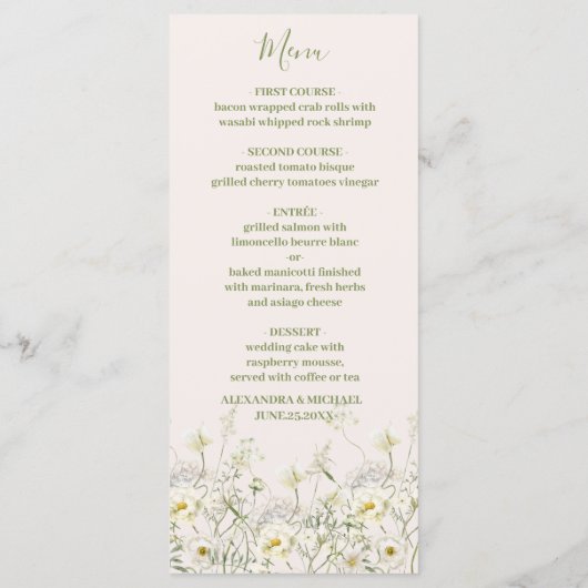 Boho Neutral White Waterverf Wildflower Wedding Menu (Achterkant)
