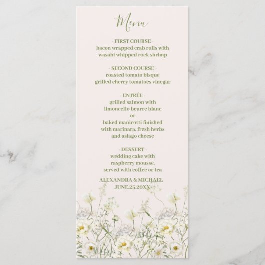 Boho Neutral White Waterverf Wildflower Wedding Menu (Voorkant)