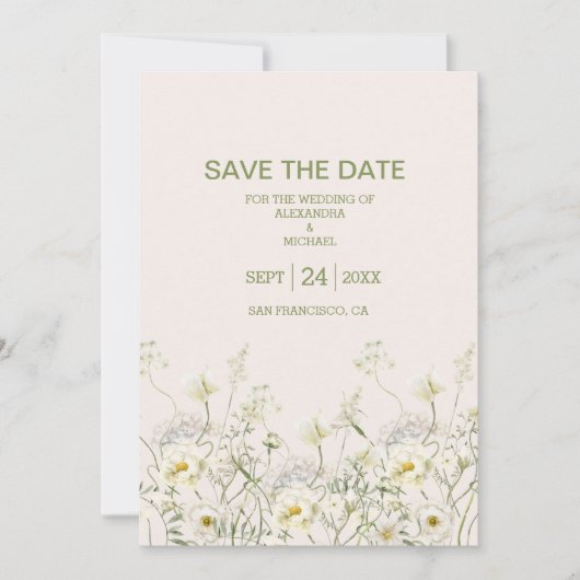 Boho Neutral White Waterverf Wildflower Wedding Save The Date (Voorkant)