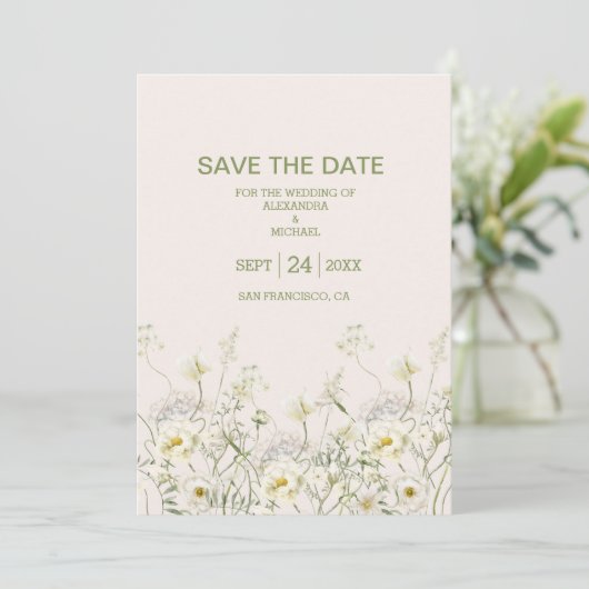 Boho Neutral White Waterverf Wildflower Wedding Save The Date (Staand voorkant)