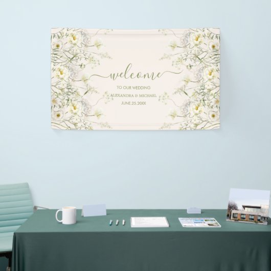 Boho Neutral White Waterverf Wildflower Wedding Spandoek (Beurs)
