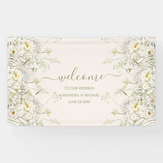 Boho Neutral White Waterverf Wildflower Wedding Spandoek (Horizontaal)