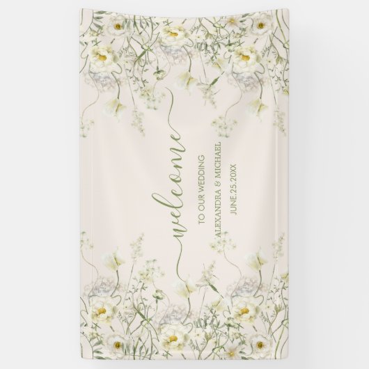 Boho Neutral White Waterverf Wildflower Wedding Spandoek (Verticaal)