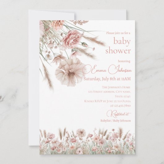 Boho Neutral Wildflower Baby Shower Invitation Kaart (Voorkant)