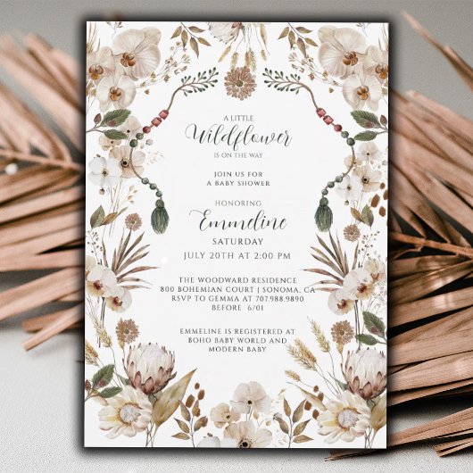 Boho Neutral Wildflower Baby shower Kaart