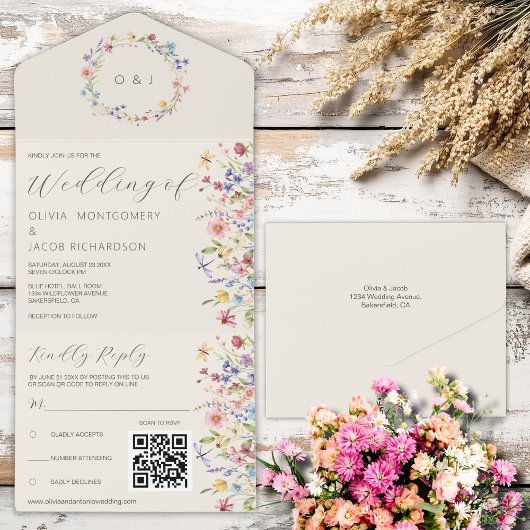 Boho Neutral Wildflower RSVP & QR Code Wedding All In One Uitnodiging