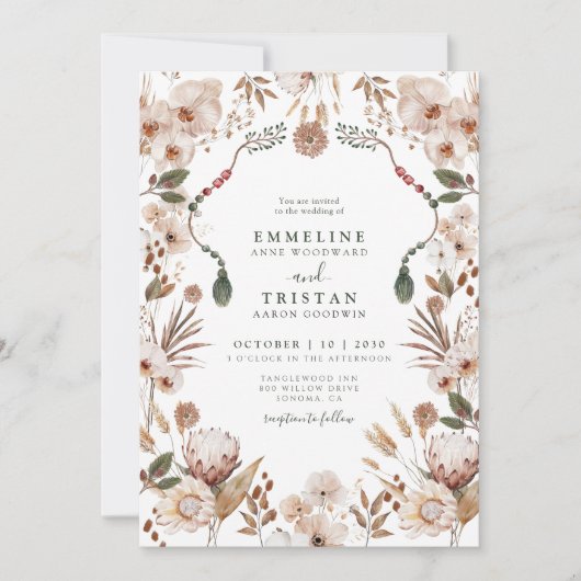 Boho Neutral Wildflowers Wedding Kaart (Voorkant)