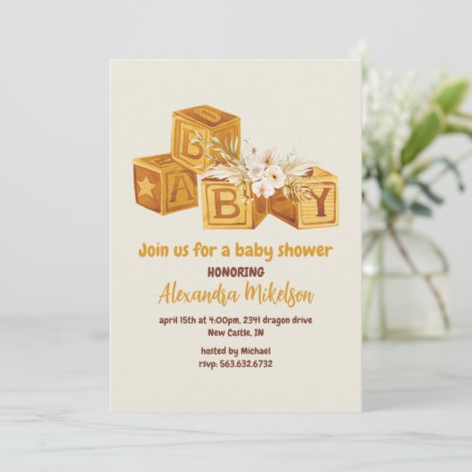 Boho Neutral Wood Block Letters Baby shower Kaart (Staand voorkant)