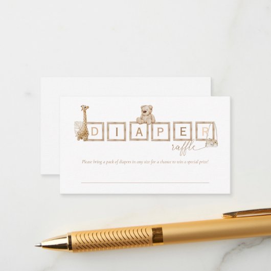 Boho Neutral Wood Block Letters Diaper Raffle Informatiekaartje (Voorkant / Achterkant in situ)
