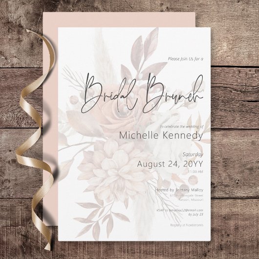 Boho Neutral Zacht Bloemen Boeket Bruids Brunch Kaart