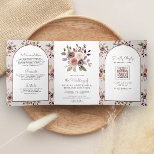 Boho neutrale aardetonne bohemien bloem QR-code br Drieluik Uitnodiging