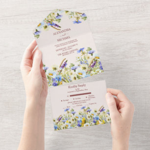 Boho Neutrale Aquarel Wilde Bloemen Bruiloft All In One Uitnodiging