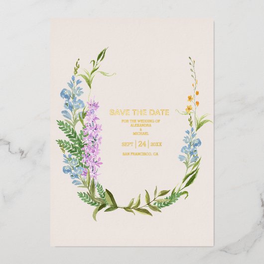 Boho Neutrale Aquarel Wilde Bloemen Bruiloft Folie Uitnodiging (Voorkant)