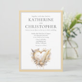 Boho Neutrale Bloemen Veren Hart Krans Bruiloft Kaart (Staand voorkant)