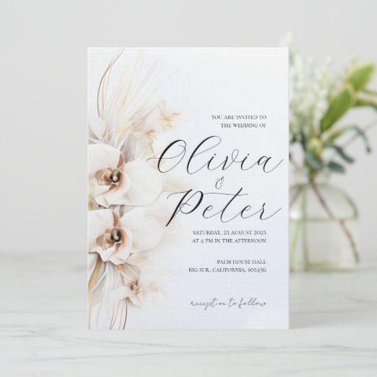 Boho neutrale bloemenbruiloft uitnodiging (Staand voorkant)