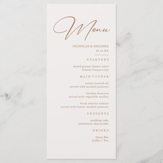Boho Neutrale Champagne Bruiloft Menu (Voorkant)