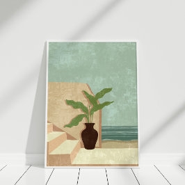 Boho Neutrale en Blauwgroen Kustillustratie Kunst Poster
