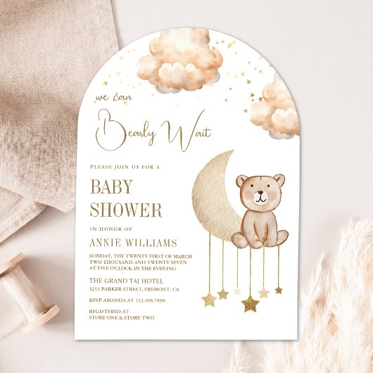 Boho Neutrale Maan Teddybeer Boog Baby Shower Kaart