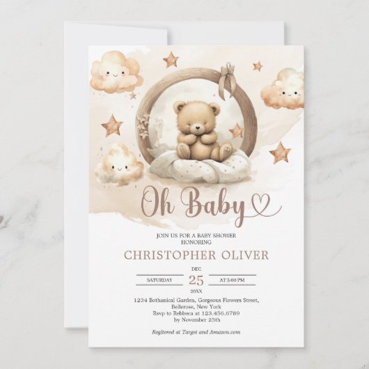 Boho neutrale roestige bruine slapende teddybeer kaart (Voorkant)