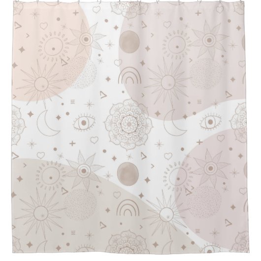 Boho Neutrale Ruimtedoedels Aesthetisch design Douchegordijn (Voorkant)