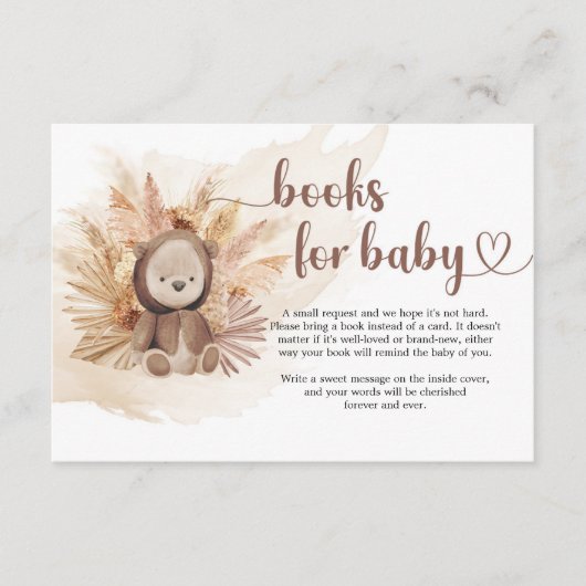 Boho neutrale teddybeer pampas gras boek aanvraag informatiekaartje (Voorkant)