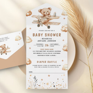 Boho Neutrale Teddybeer Vliegtuig Baby Shower All In One Uitnodiging