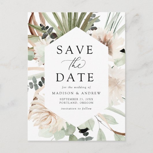 Boho Neutrale Tropische Bloemen Bewaar de Datum Aankondigingskaart (Voorkant)