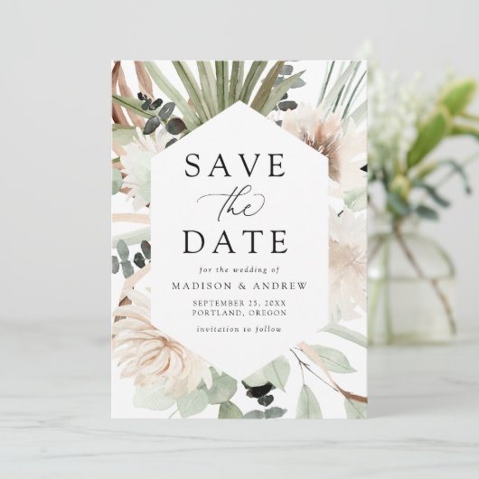 Boho Neutrale tropische bloemen Save The Date (Staand voorkant)