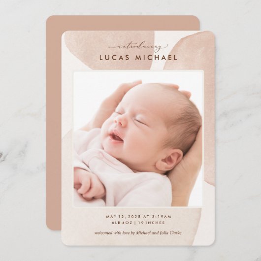 Boho Neutrale Waterverf Elegant Fotoaankondiging Kaart (Voorkant / Achterkant)