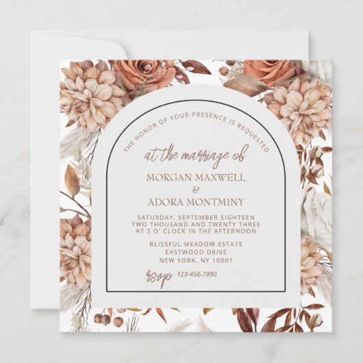 Boho Neutrale Waterverf Pampas Vierkante Trouw  Kaart (Voorkant)