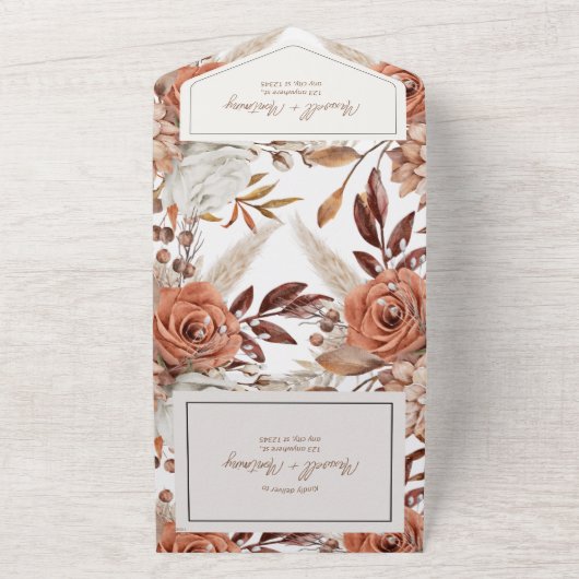 Boho Neutrale Waterverf Pampas Wedding All In One Uitnodiging (Buitenkant)